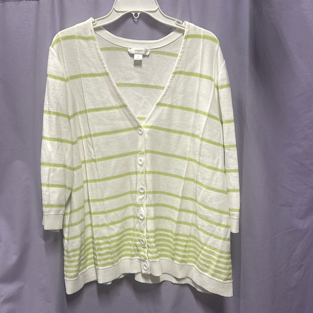 Croft & Barrow White and Light Green Stripe Button-Front Cardigan